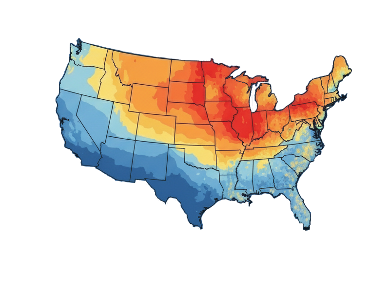Heatmap highlighting 17 rust belt states: Connecticut, Florida, Indiana, Kentucky, Maine, Massachusetts, Michigan, New Hampshire, New Jersey, New York, North Carolina, Ohio, Pennsylvania, Rhode Island, Tennessee, Vermont, and Wisconsin, showing where vehicle corrosion is a major problem.